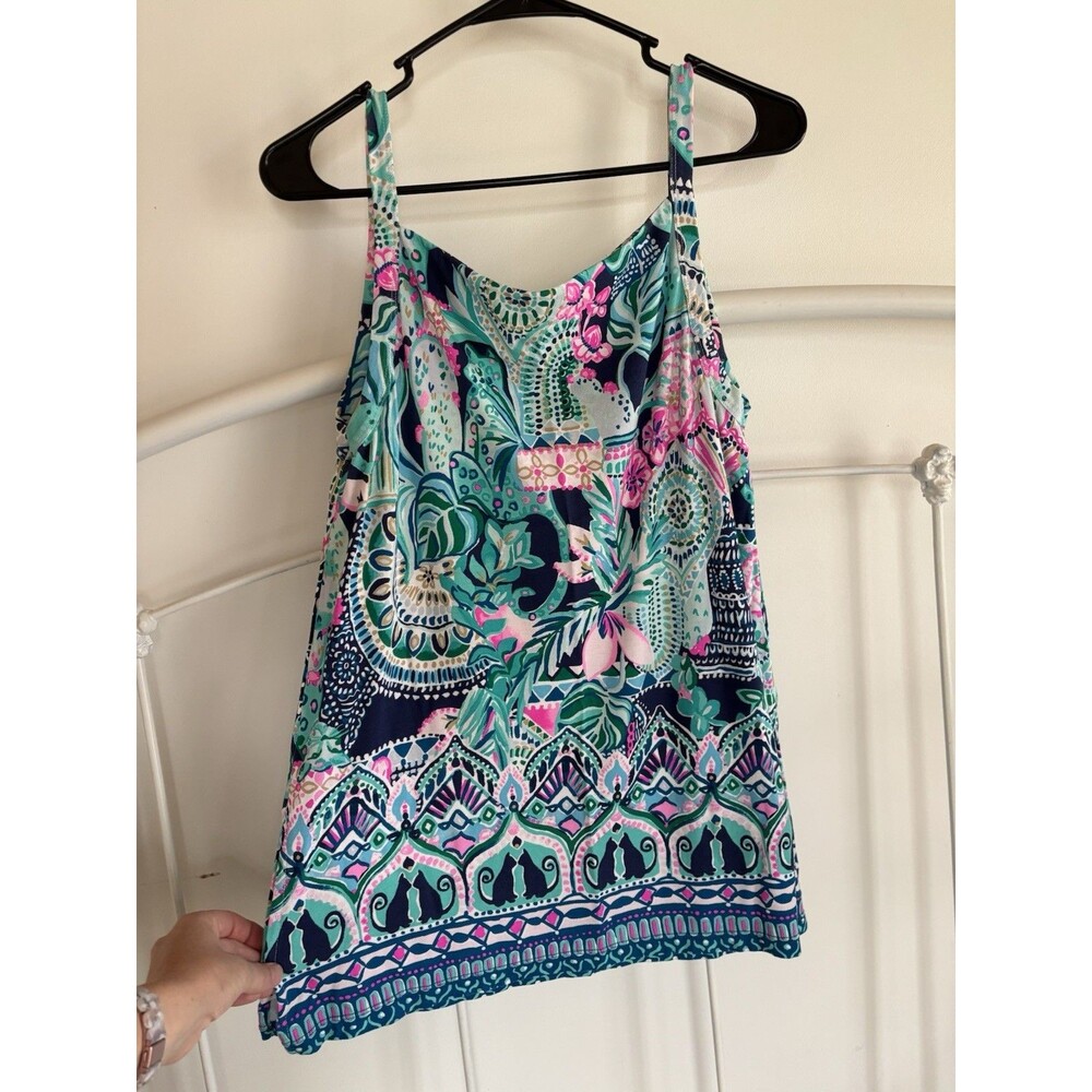 Lilly Pulitzer Adley Tank Top Lookin Sharp Cat Print Teal Purple Blue Medium